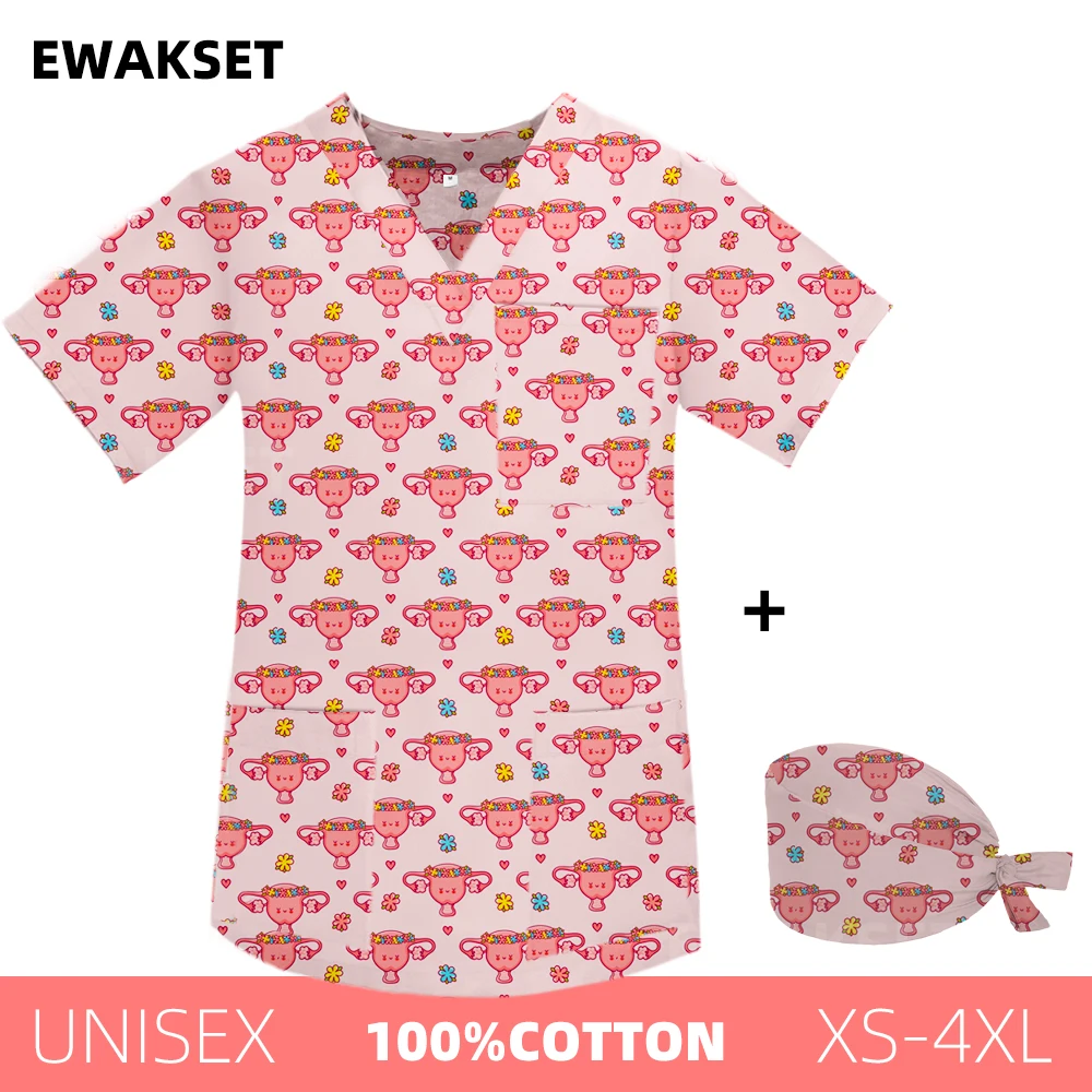 Women Men Scrub Tops Caps Teeth Printed Short sleeve Dentist Shirt Dental Uniform Nurse Doctor V-Neck Hospital Medical Blouse
