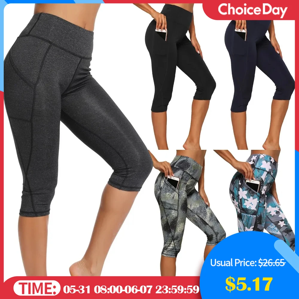 Sports Leggings Women 3/4 Gym Tights Casual Cropped Yoga With Side Pockets