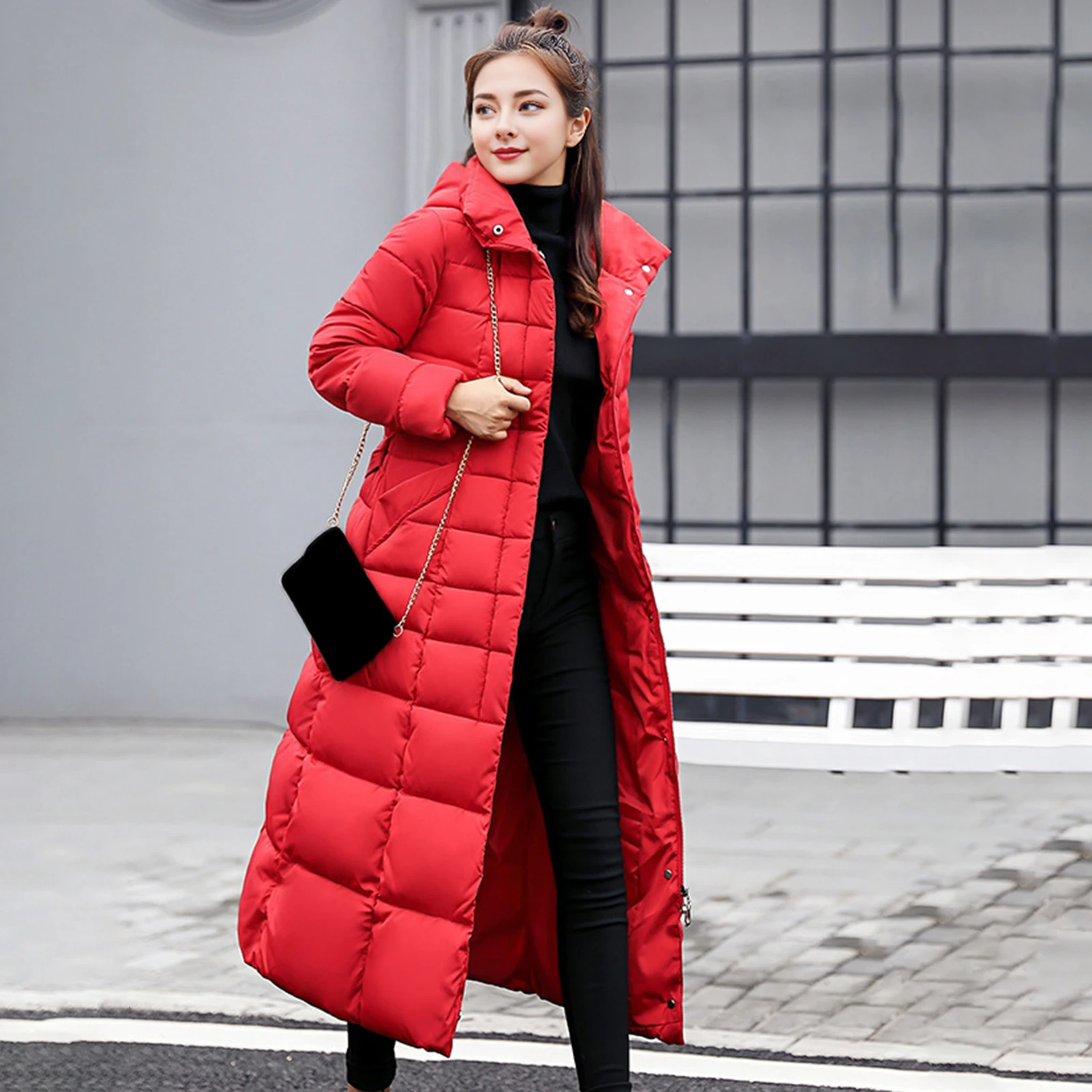 Winter Women Long Parkas Solid Colo Neck Hooded Cotton Jacket Pockets Windproof Zipper Closure Padded Outwear