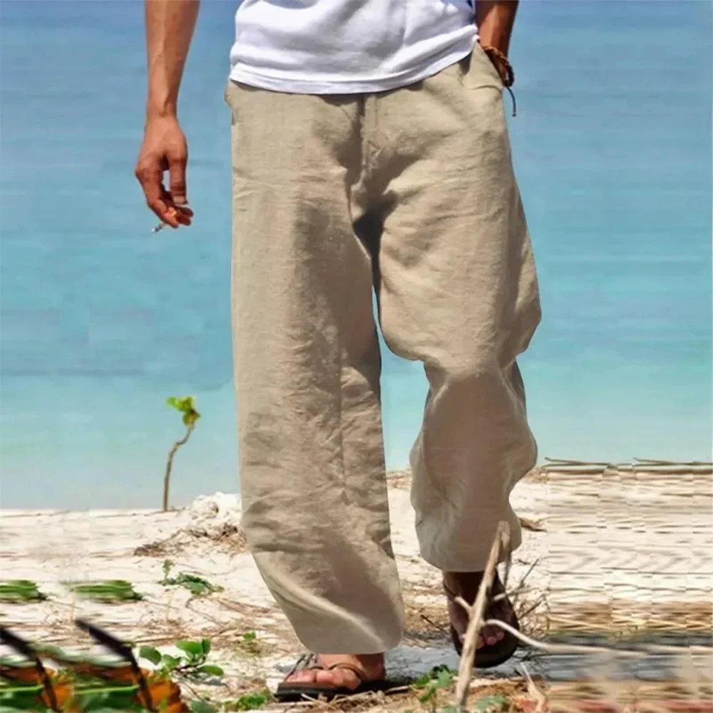 Cotton Linen Harem Pants Men Solid Elastic Waist Streetwear Joggers New Baggy Drop-crotch Pants Casual Trousers Men