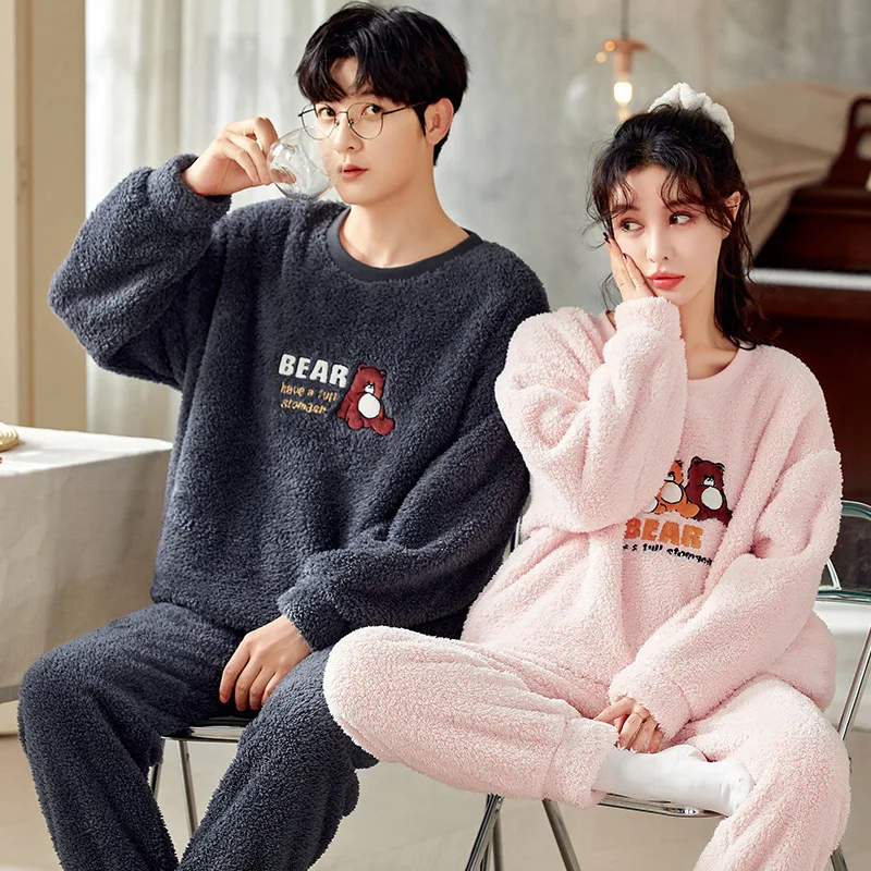 Lovers Warm Coral Fleece Autumn Winter Pajamas Long-Sleeved O Neck Home Suit Casual Fleece Thick Cartoon Pajama Sets Women Men