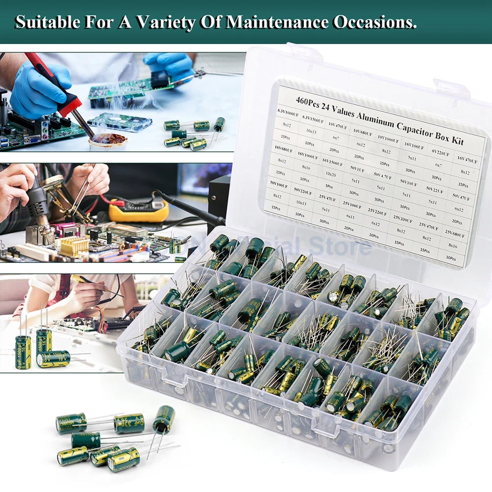 15/24/36 Values 225/460/925Pcs Aluminum Electrolytic Capacitors with Storage Box Aluminum Electrolytic Capacitors Assortment Kit
