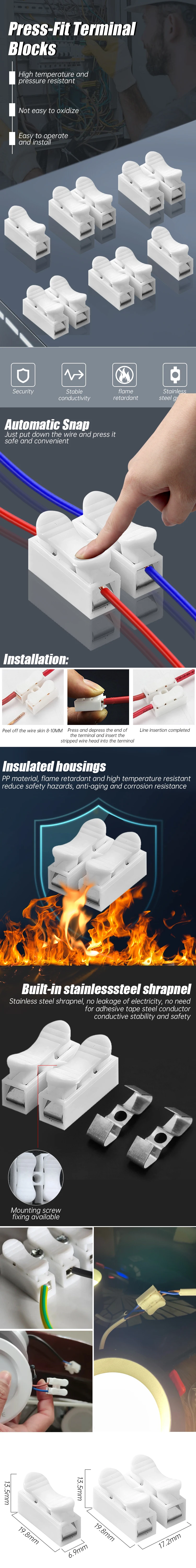 Description Picture 2 of itemNo Solding Welding Quick 20/50Pcs Spring Wire Quick Connector No Screw Terminal Block Spring Clamp 1P 2P Cable Wire Connector
