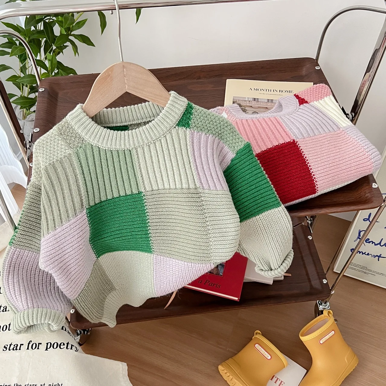 

2023 New Autumn Kids Boutique Clothing Fashion Knitted Sweater Contrast Color Casual Plaid Colorful O-neck All-match Unisex Tops