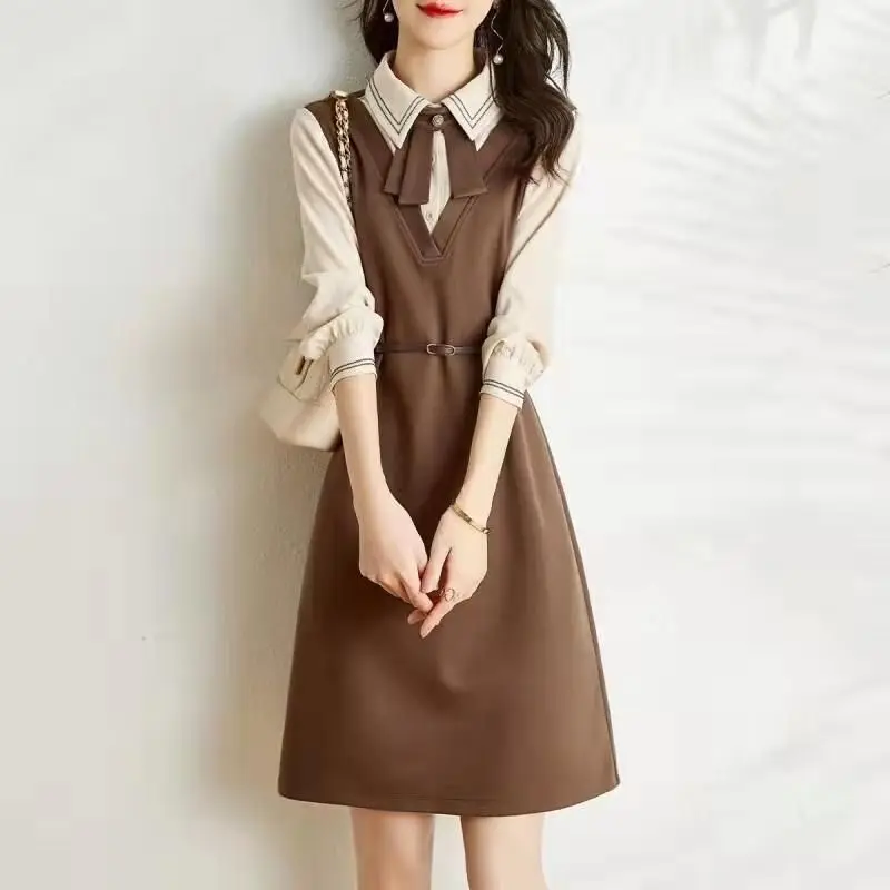 

Spring Autumn Bow High Street Long Sleeve Midi Dress Women High Street Elegant Fake Two Pieces Dresses Lacing Zipper Vestidos