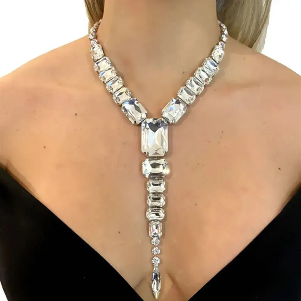 

Fashion Exquisite Women's Exaggerated Crystal Long Necklace Wedding Accessories Shiny Rhinestone Long Tassel Necklace Bridal Jew