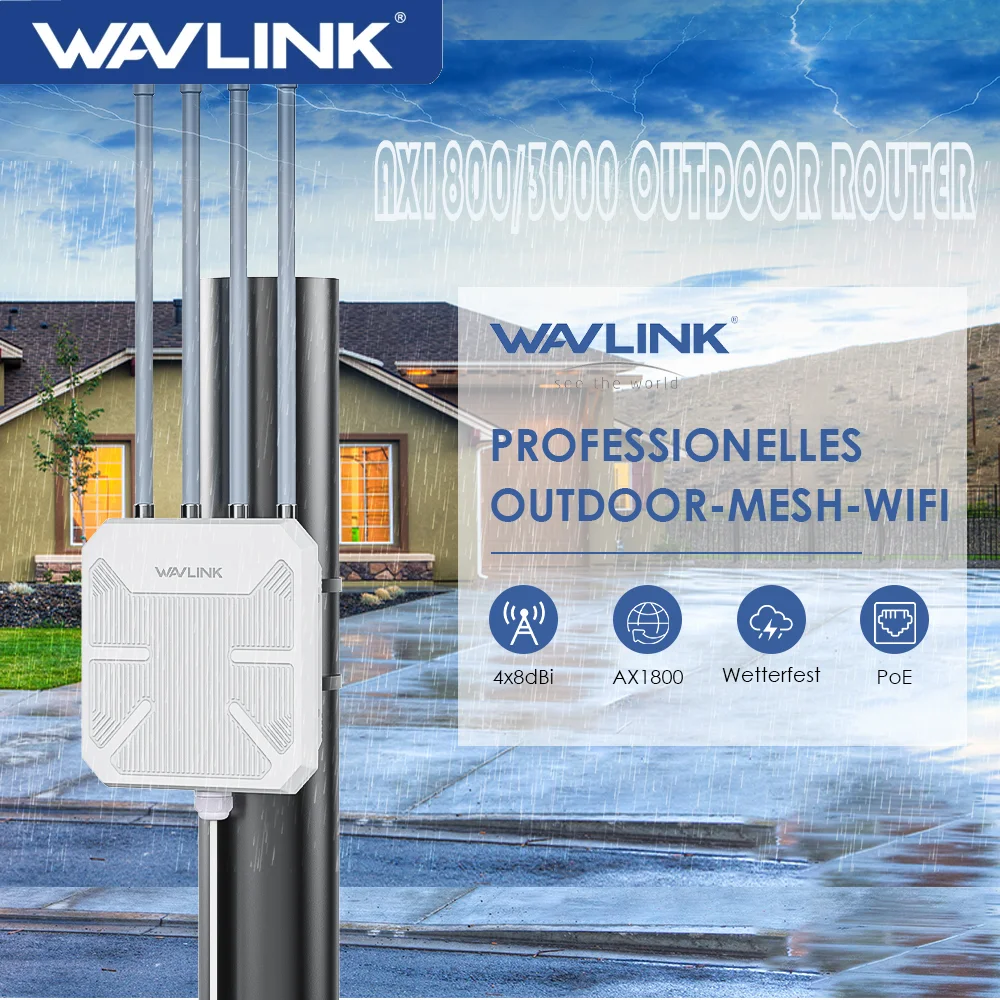 WAVLINK WiFi6 Indoor/Outdoor Dual Band 2.4G+5G AX1800/AX3000 Long Range IP67 WiFi Mesh Extender 4x8dBi High-gain Antennas