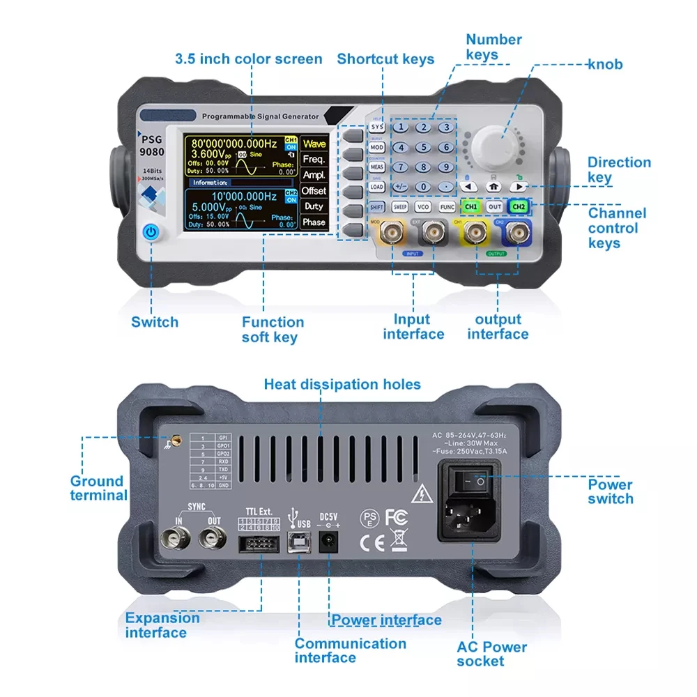 JUNCTEK PSG9080 80MHz DDS Dual/2-CH Digital Programmable Function Signal Generator Frequency Meter Arbitrary Waveform Generator 5