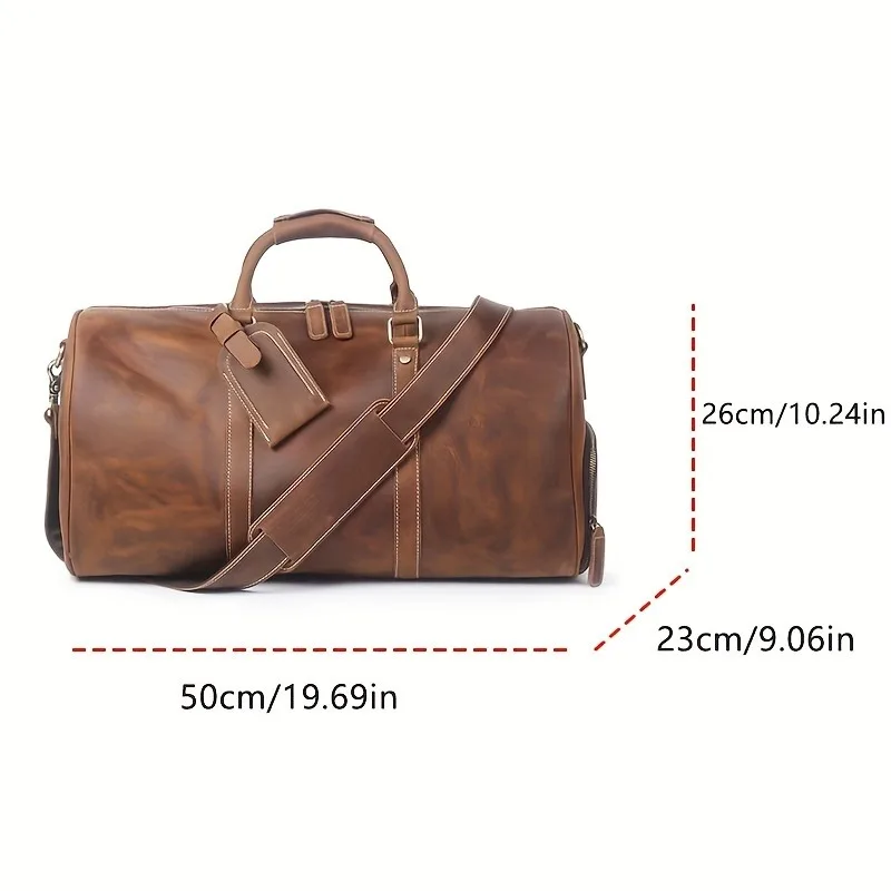 Genuine Leather Duffel Bag Vintage Style Large Capacity Luggage Travel Bag with Shoe Compartment Detachable Shoulder Strap Brown