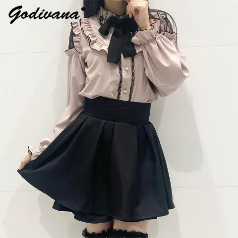 Japanese Style Spring Autumn New Mine Bow Off-Shoulder Tops Lolita Blouse Cute Sweet Girls Long Sleeve Shirt Pink Blouses