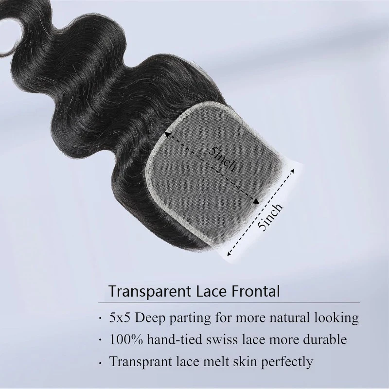 5x5 Lace Closure Body Wave Human Hair Pre-Plucked Hairline Brazilian Virgin Hair Transparent Lace Closure For Black Women