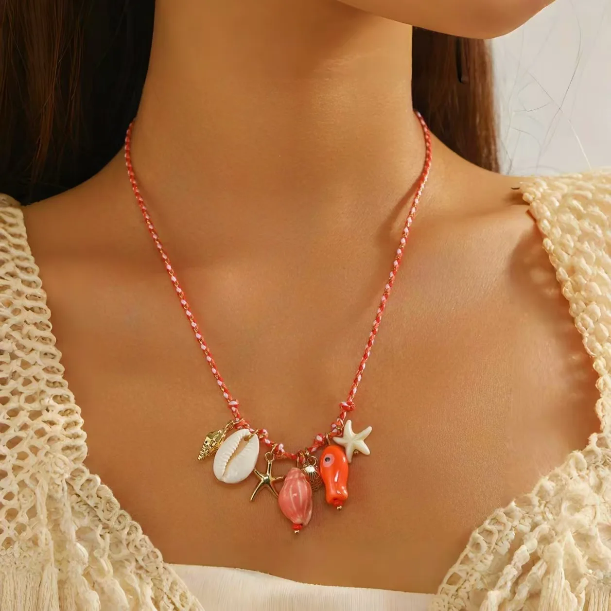 Handmade Rope Ceramic Fish Conch Pendant Necklace for Women Starfish Lava Textured Shell Choker Bohemia Beach Fashion Jewelry