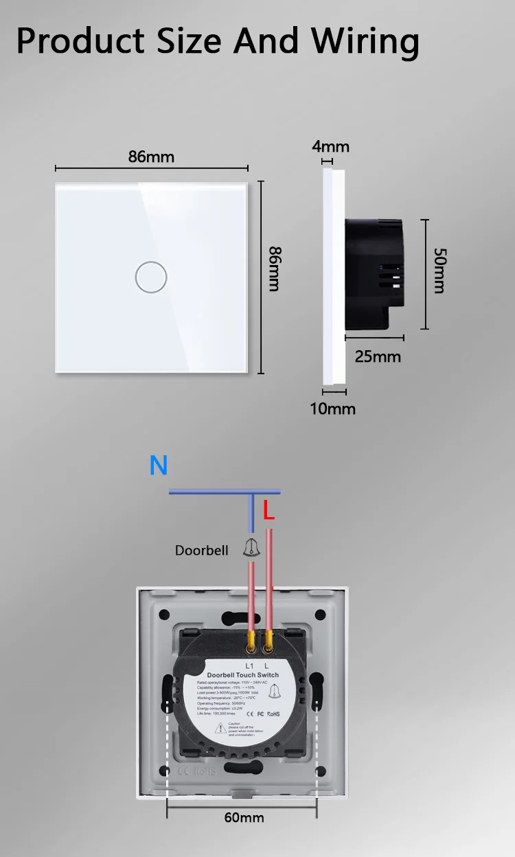 S9fc075ea61d748e794ae592b7509b0d27 Tawoia Touch Doorbell Switch EU Standard Crystal Glass Panel LED Backlight Door Bell 1 Gang Switch 86*86mm Home Improvement