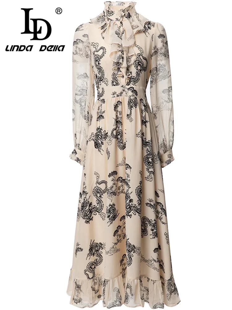 

LD LINDA DELLA 2024 Fashion Runway Spring Summer Dress Women High Waist Lantern Sleeve Print vintage Midi Dress