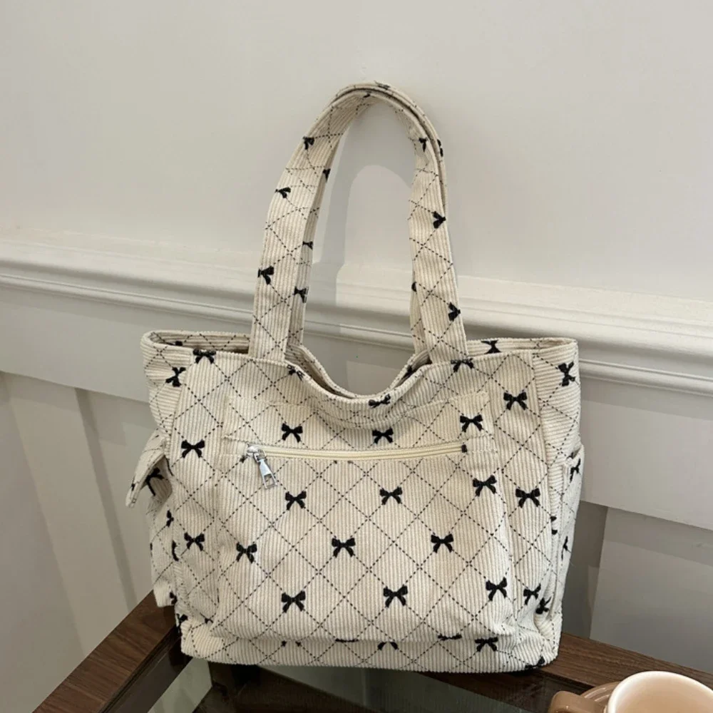 Corduroy Daily Handbag Fashionable Versatile Shoulder Bag for Women Multi-Compartment Zipper Closure Commute Women's Tote Bag