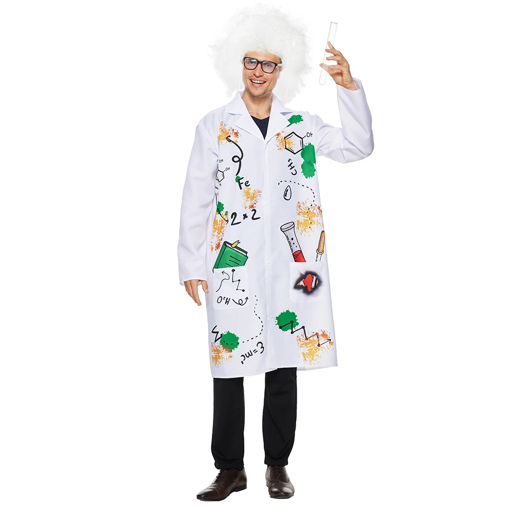 Family Halloween Costume Mad Scientist With Wig White Unisex Lab Uniform Carnival Party Purim Stage Performance Props