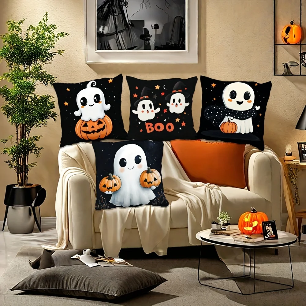 4pcs Halloween Throw Pillow Covers, Warm & Cozy, Black with Ghost & Pumpkin Print, Zippered, Machine Washable