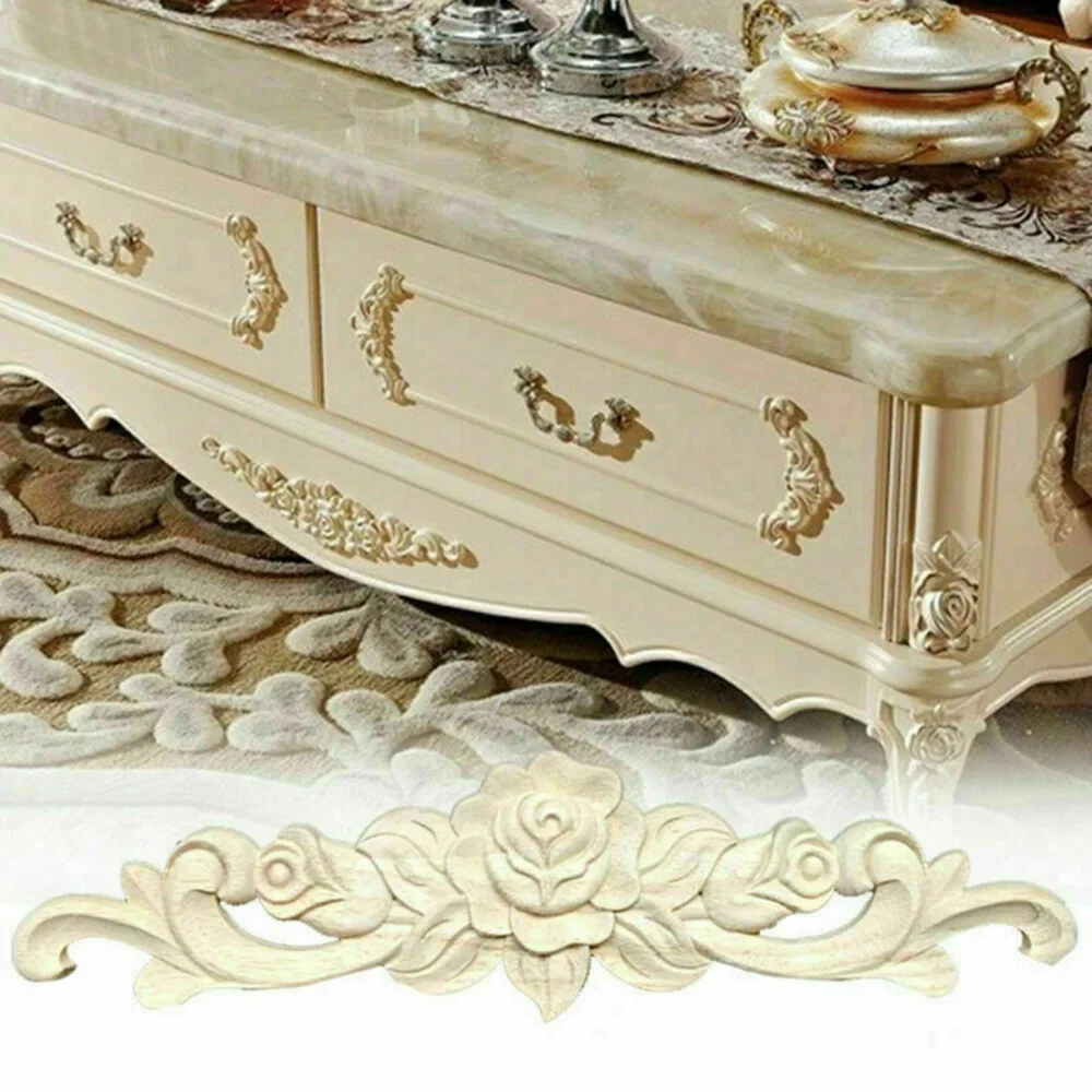 Natural Floral Wooden Carved Applique Wooden Figurines Crafts Corner Frame Appliques Frame Wall Door Furniture Woodcarving Decor - 5