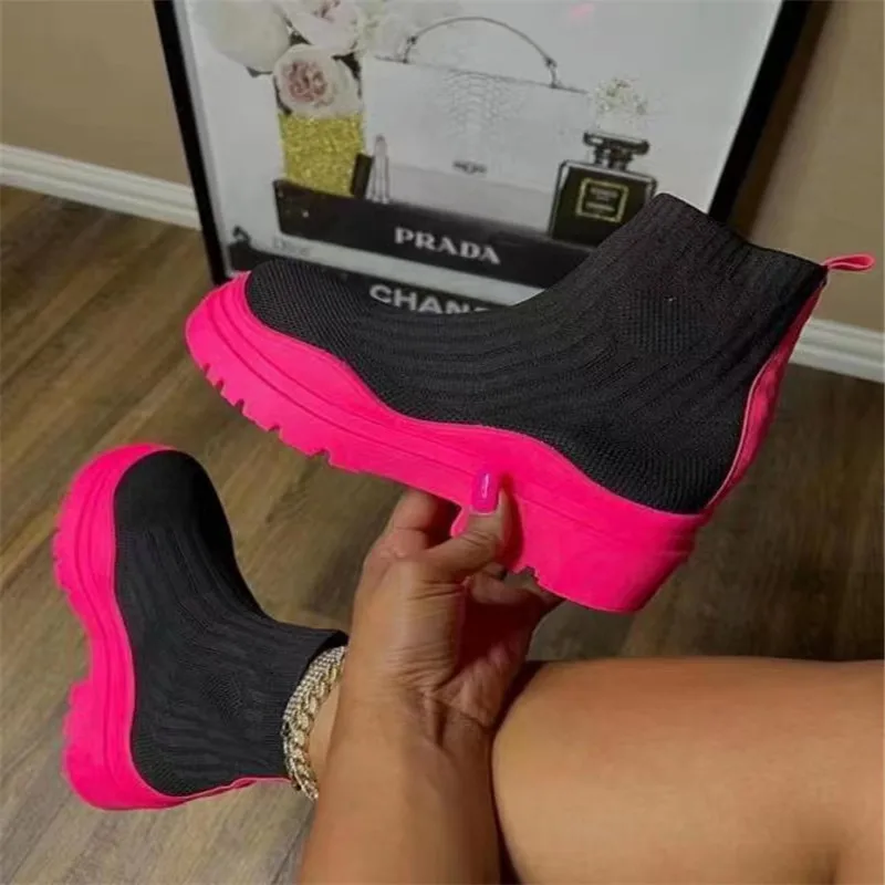 2022 Autumn Winter New Couple Socks Shoes Women Thick-soled Casual Large Size Net Red Knitted Short Boots Women Botas De Mujer