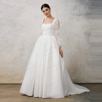 Simple Wedding Dresses Women's A Line Long Sleeve Elegant Bridal Gowns Satin Long Sleeve Vestidos De Novia Customized Mariée