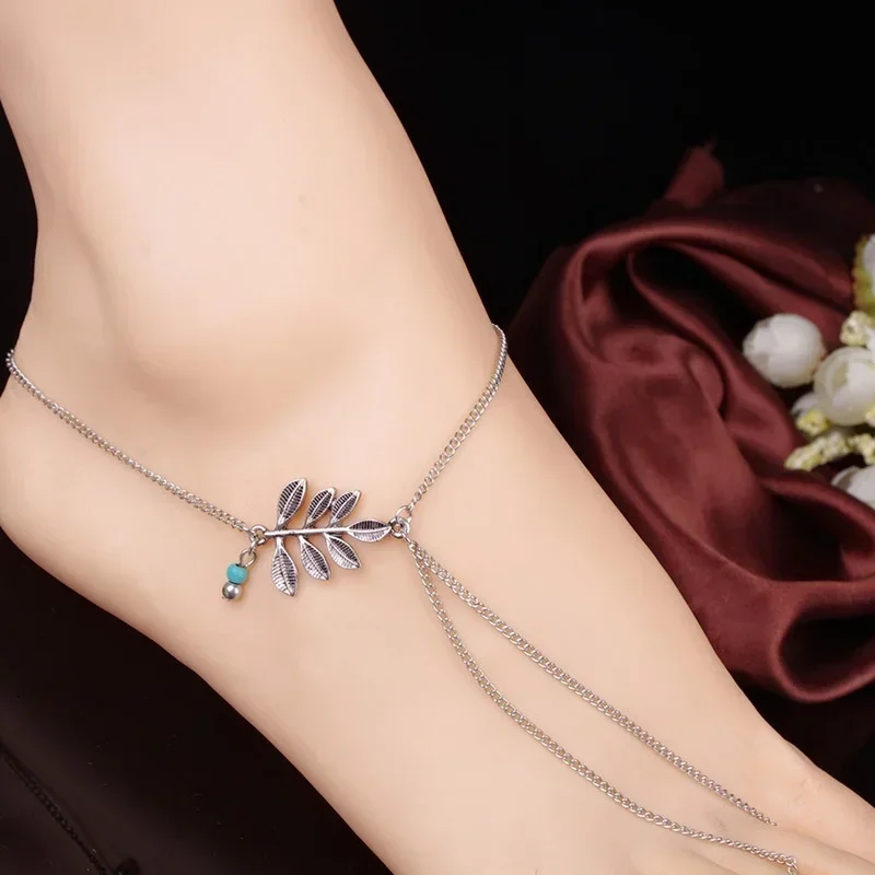 

Винтажный Браслет на ногу в богемном стиле, женский модный браслет с подвеской в виде синего камня и листьев, цепочка для ног, ножные браслеты, ювелирные изделия, аксессуары