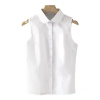 Polo sans manches blanc en coton, col rond, style décontracté, chemise de base tendance pour femme, version coréenne, coupe ajustée, OL 6