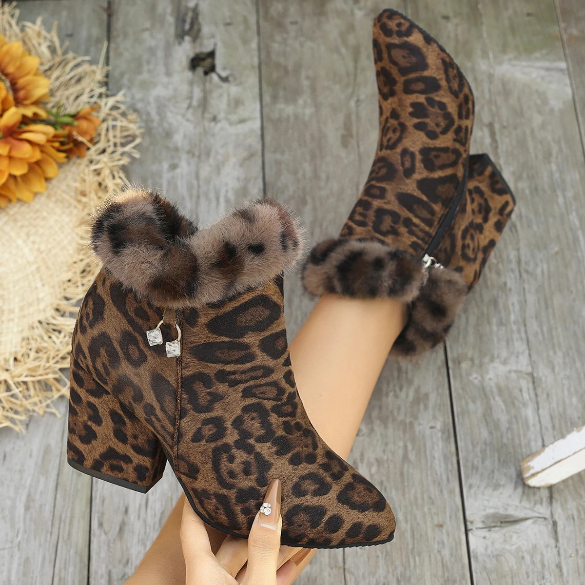 Aphixta 8cm High Heel Ankle Boot Yellow Leopard Print Furry Woman Modern Boot Brown Pointed Toe Zip Ladies Footwear Big Size43