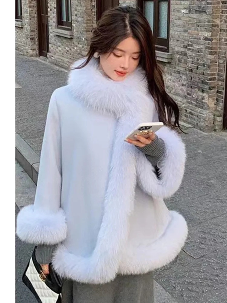 

2024 Casual Winter Jacket Women Natural Real Fox Fur Collar Cashmere Wool Blends Outerwear Coat Streetwear Loose Cloak