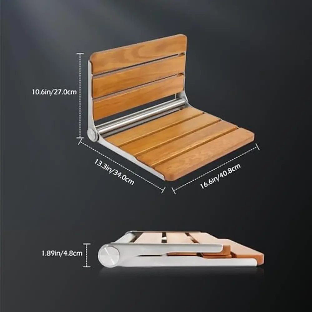 Wall Mounted Folding Shower Seat 400lbs Load-Bearing Rust-Proof Solid Wood Stainless Steel Bathroom Chair Foldable Sauna Bench 6