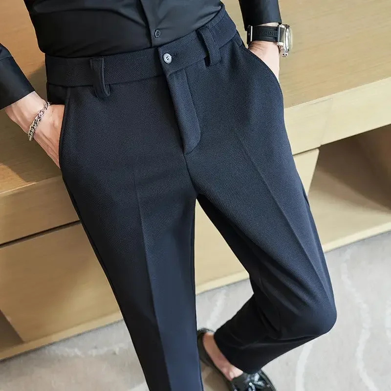 

New Winter Korean Style Men's Thick Suit Pants Elastic Waist Business Casual Work Office Slim Fit Warm Trousers Black Khaki