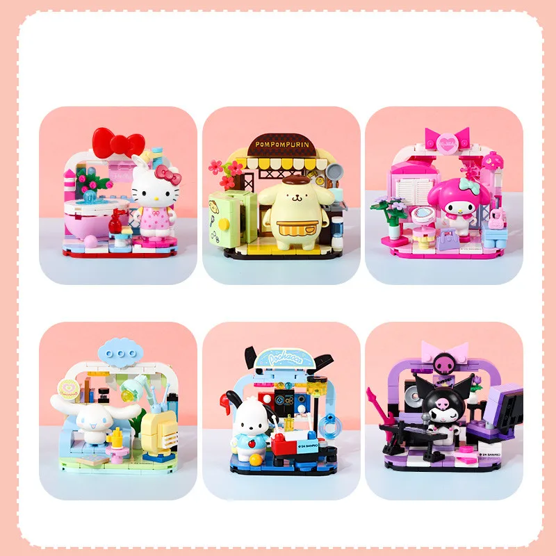 Keeppley 빌딩 블록 Sanrio 헬로 키티 마이 멜로디 Kuromi Pochacco 가족 가정 생활 시리즈 애니메이션 피규어 모델 아이 장난감 선물