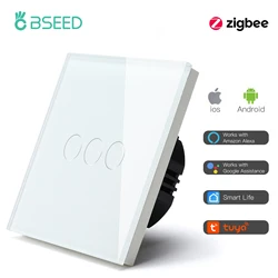 BSEED Smart Touch Zigbee Light Switch - Tuya & Smart Life Compatible, Voice Control with Google & Alexa Integration - EU standard (3Gang White)