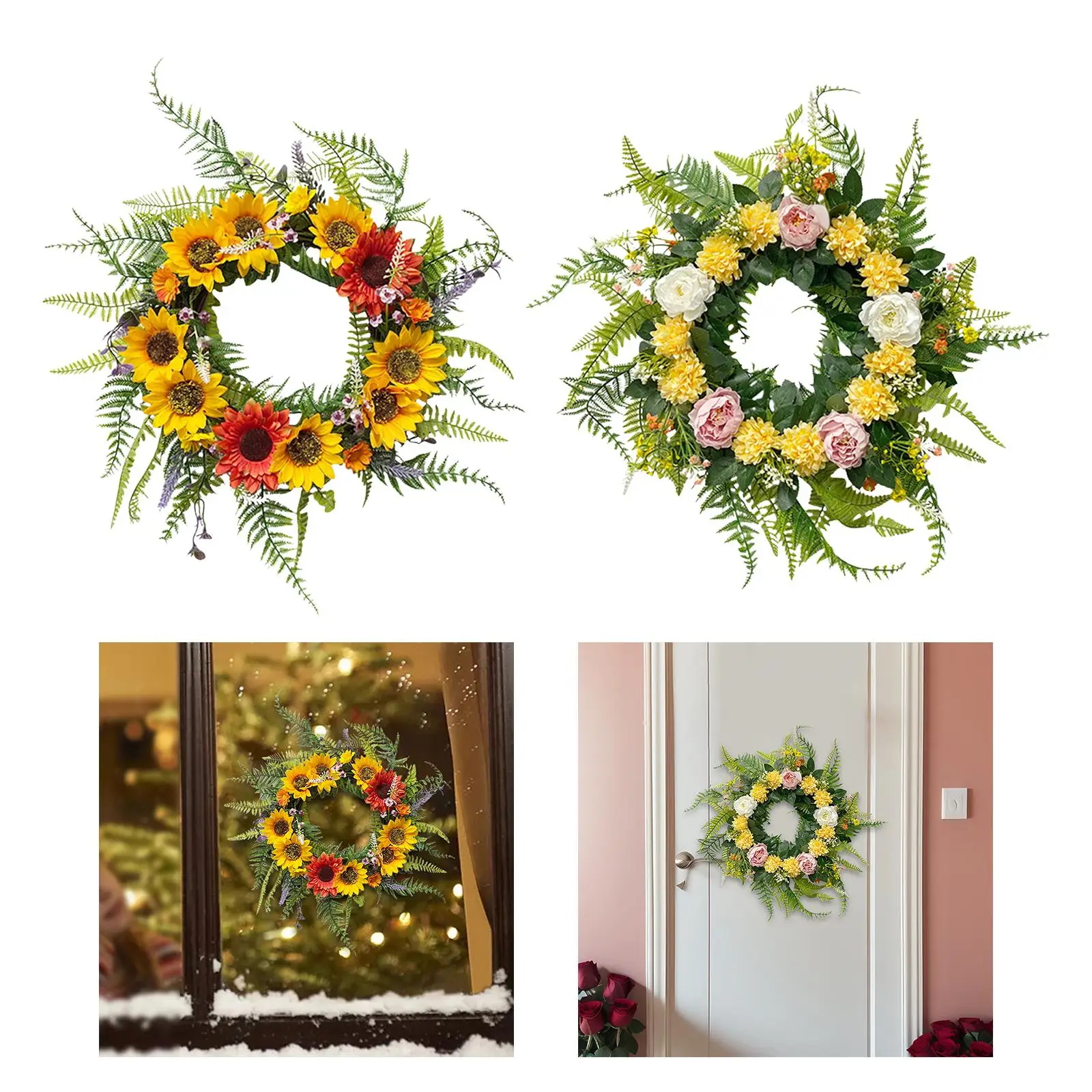 Spring Wreath for Front Door Outdoor Stylish Green Leaves Round Hanging Garland for All Seasons Porch Wall Spring Garden
