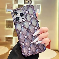 Glitter Plating Diamond Rhombus Clear Bling Rhinestone Shockproof Silicone Case - iPhone 15 Pro Max (PURPLE)