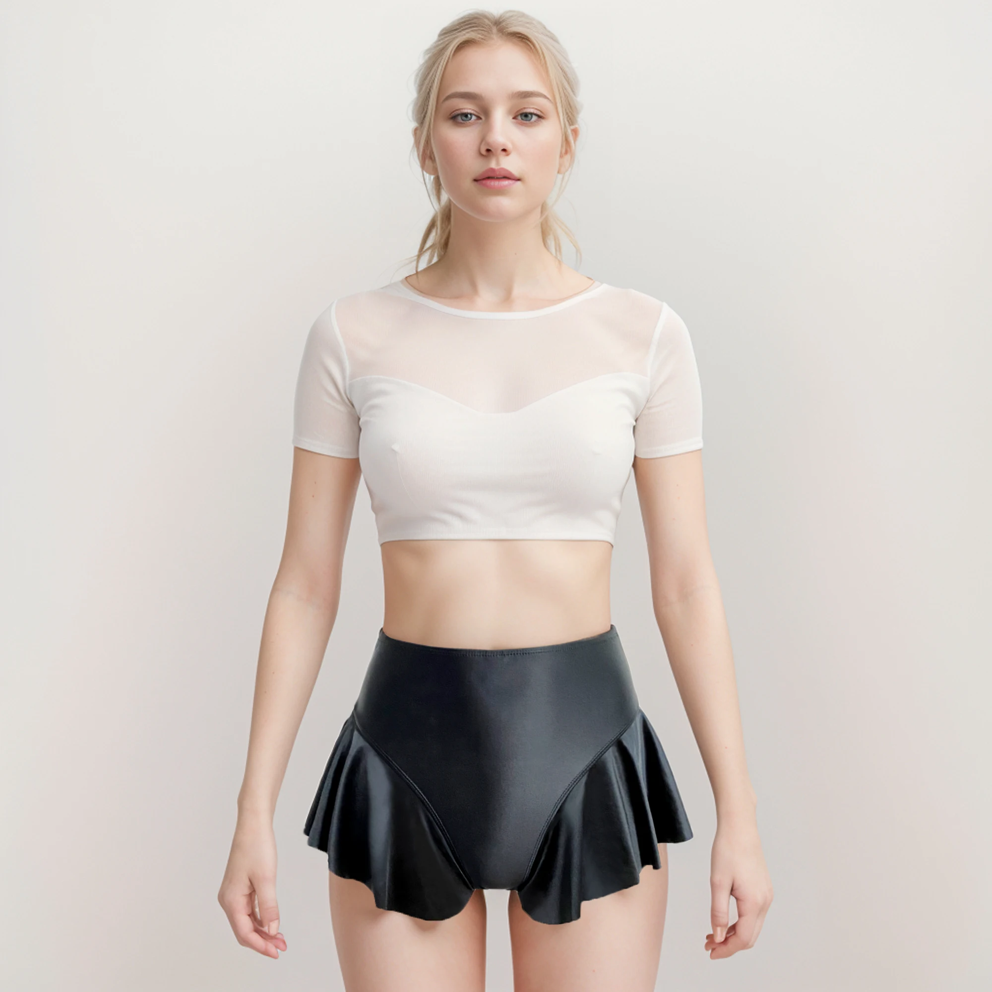 XCKNY Sexy glossy skirt Silky Solid thong RUFFLE CROSSOVER Underpants Oily Miniskirt T-back skirt sexy Bikini