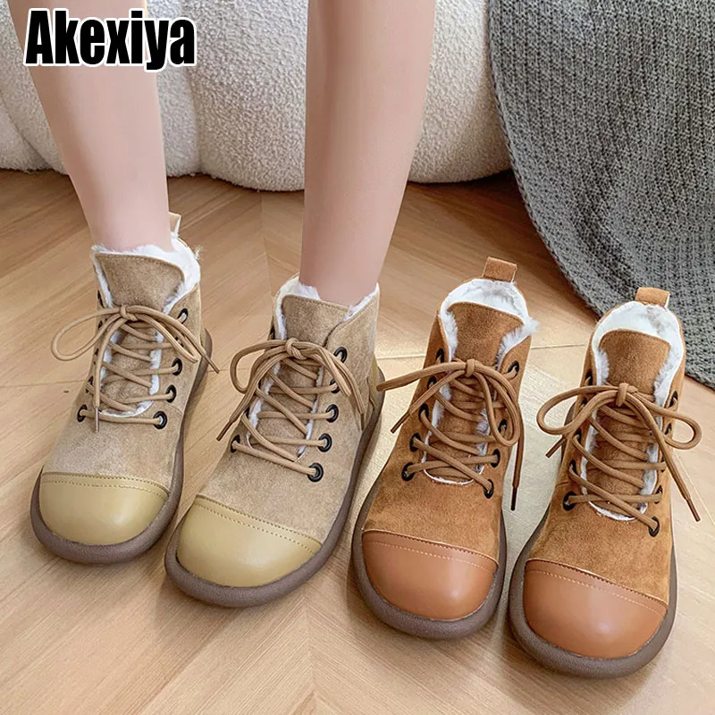 

Новинка зимы 2023, короткие ботинки с круглым носком, женские повседневные ботинки в стиле ретро, ботинки на мягкой плоской подошве bc7443