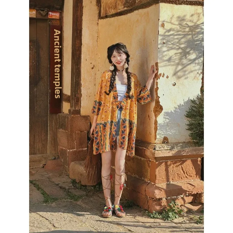 빈티지 프린팅 중간 길이 가디건, 햇빛 차단, 휴일 스타일 아우터, 오버코트, 캐주얼 컴포트 스웨터