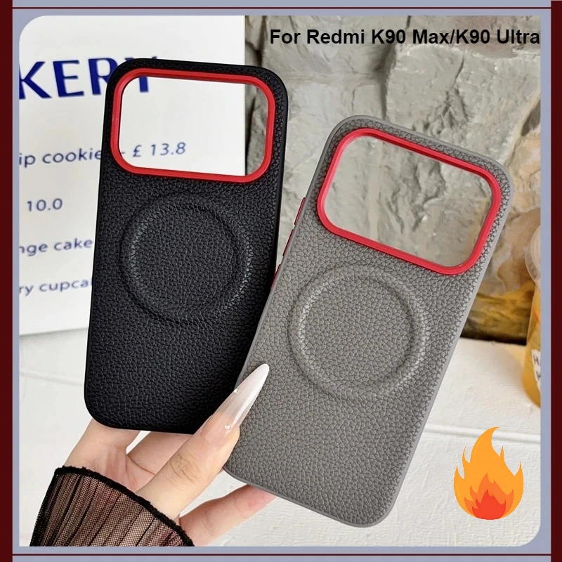 Minimalist Magnetic Lychee Pattern PU Leather Non-Slip Phone Case with Metal Camera Frame