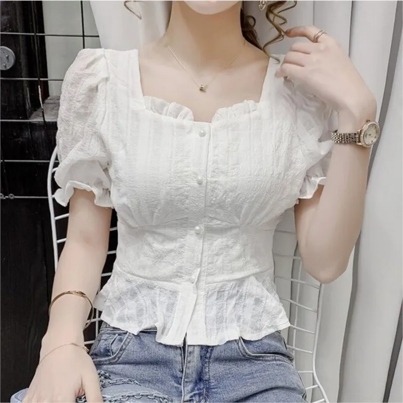 

Spring Summer Blouses Women Casual Vintage Office Lady Short Sleeves Woman Blouses Chiffon Shirt Top Women's Clothing NS5745