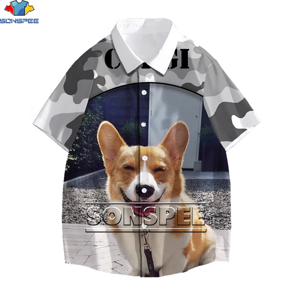 

SONSPEE Camo Corgi Welsh Pet Print Hawaiian Beach Shirt Men's 2022 3D Summer Short Sleeve Shirt Men's Tropical Cute Clothing Top