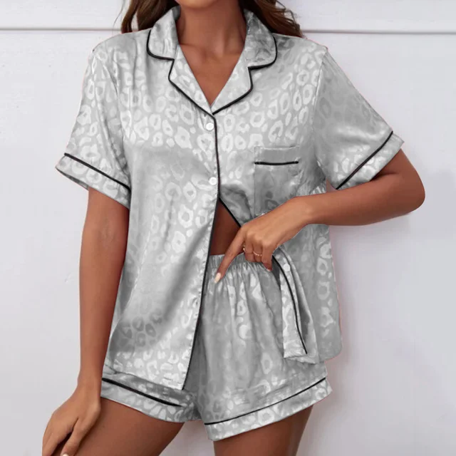 Womens Satin Printed Pajamas Sets Short Sleeved Lapel Silk Housewear Comfortable Girl Tops+Shorts 2 Pcs Set Size 12 Plus-size 2