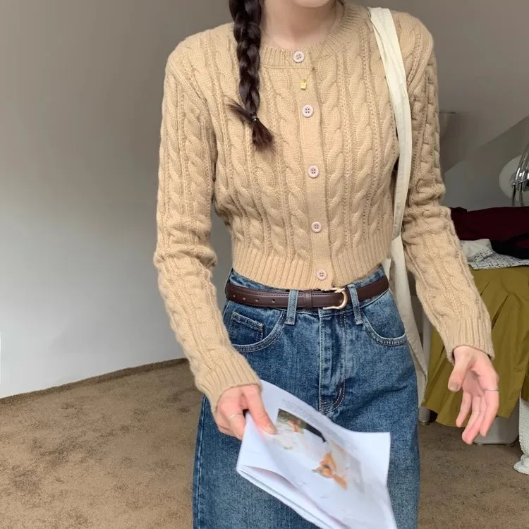 Cable Knit Crop Cardigan for Women Teen-girl Slim-fit Long Sleeve