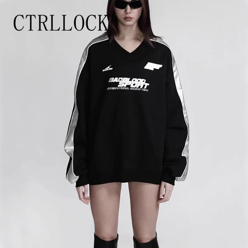 

CTRLLOCK Loose Hiphop V-neck Shoulder Contrast Color Patchwork Casual Embroidery Letters Hoodie