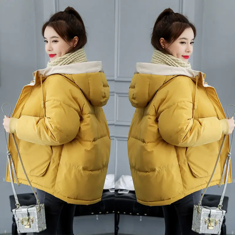 Winter Don Cotton Padded Jacket Women Casual Hooded Short Parkas Korean Fashion Loose Long Sleeve Overcoat Plus Size Thick Coat