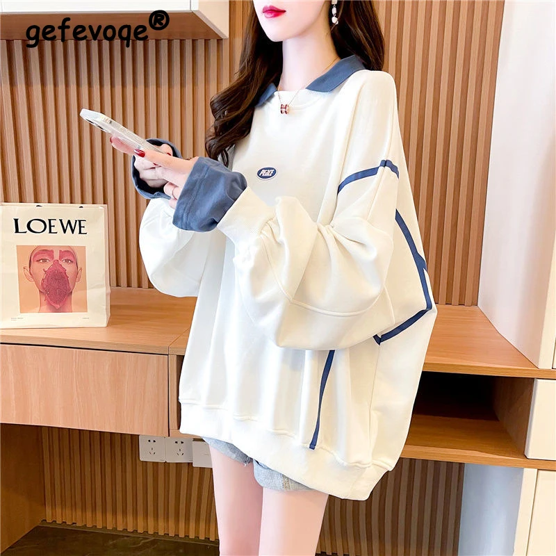 

Autumn Winter Fake Two Pieces Hoodies Fashion Patchwork Loose Casual Sweatshirt Women Polo-neck Lazy Style Jumper Female Clothes