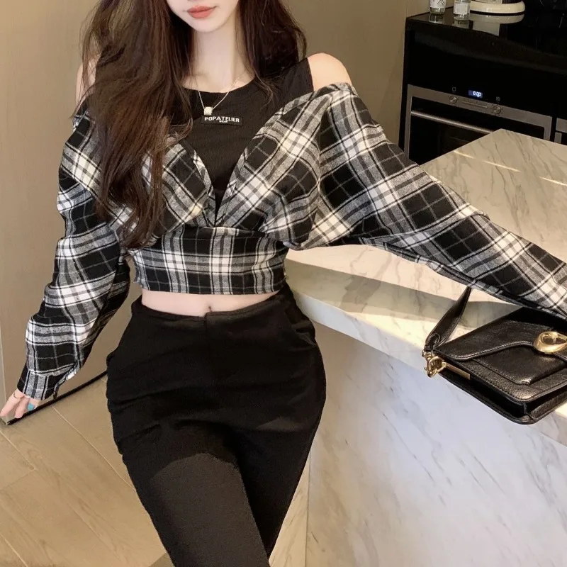 Patchwork Plaid Shirt Women Streetwear Y2k Crop Tops Faux Two-piece T-shirts Long Sleeve O-neck Short Tops Women Clothing New