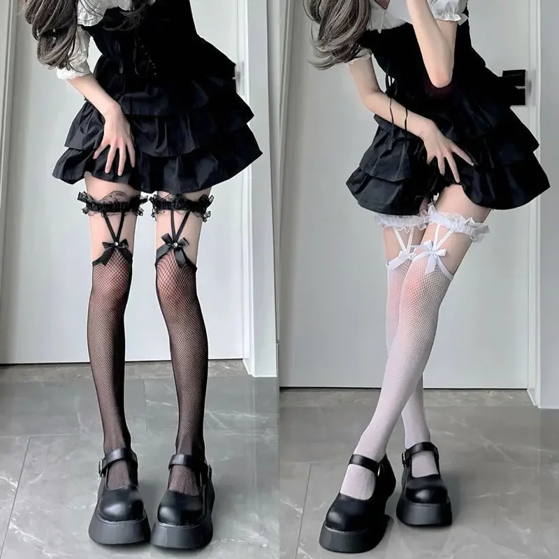 Sexy Mesh Fishnet Thigh High Stocking JK Lolita Women Girl Long Socks Japanese Style Lace Bowknot Suspender Knee High Stockings