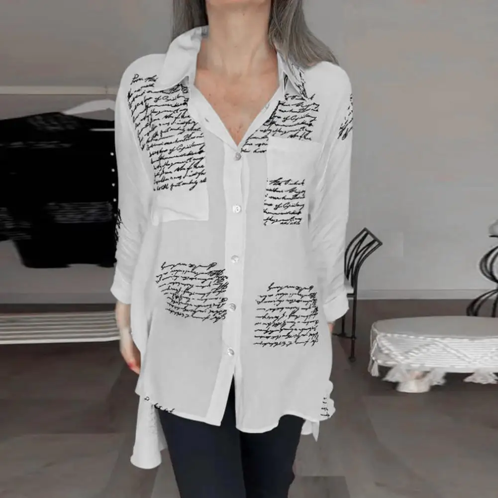 

Letter Print Top Stylish Women's Spring Shirt with Letter Print Pockets Irregular Hem Loose Fit Long for Spring/autumn for Women