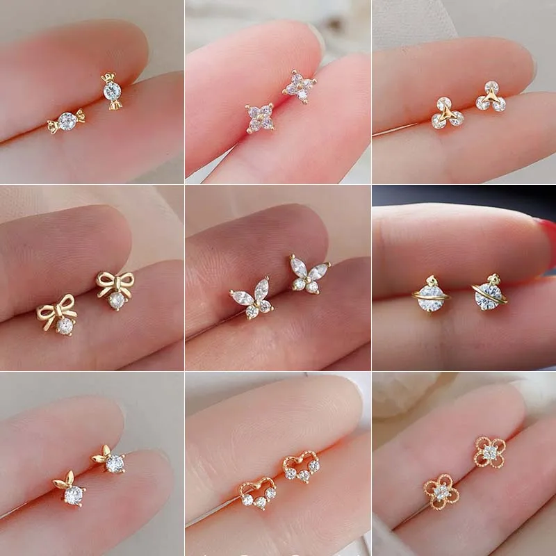 Multiple Style Earrings for Women Mini Zircon Candy Sweet Stud Ear Girls Flower Hypoallergenic Piercing Jewelry Fashion Gifts