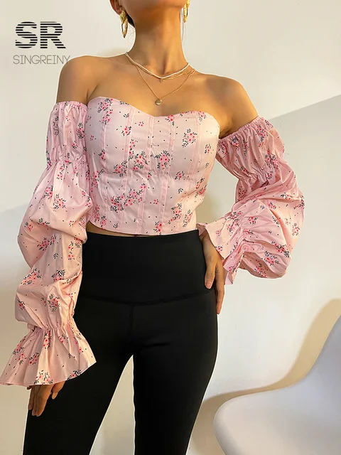 SINGREINY Korean Strapless Floral Blouse Elastic Ruched Slim Long Sleeve Tops Women Sexy Off Shoulder Short Blouses New Autumn 6